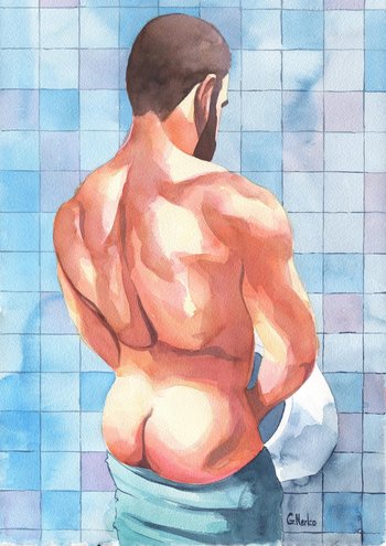 15x22" Original Hand painted Artwork Watercolor Painting Gay Man Male Nude A3