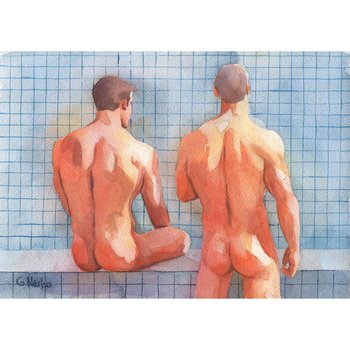Original Hand painted Artwork Watercolor Painting Erotic Male Man Nude Gay