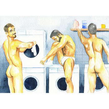 PRINT of Art Work Watercolor Painting Gay Male Nude "Laundry room"