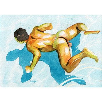 PRINT of Art Work Watercolor Painting Gay Male Nude "Swimmer"