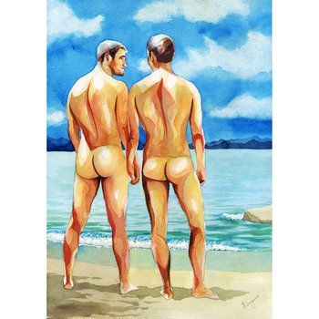 PRINT of Art Work Watercolor Painting Gay Male Nude "Lovers on the beach 2"