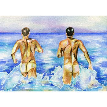 PRINT of Original Art Work Watercolor Painting Gay Male Nude "Beach pleasure"