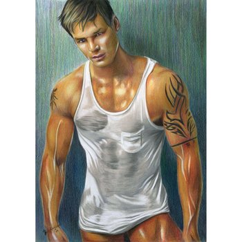 PRINT of Original Art Work Pencil Drawing Gay Male Nude "Let's get wet"