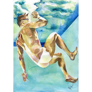 PRINT of Original Art Work Watercolor Painting Gay Male Nude "Under water"