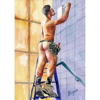 PRINT of Original Art Work Watercolor Painting Gay Male Nude "Electrician"
