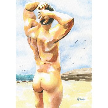 PRINT of Original Art Work Watercolor Painting Gay Male Nude "Deserted beach"