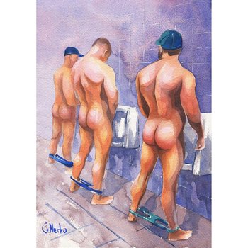 PRINT of Original Art Work Watercolor Painting Gay Male Nude "Public toilet 35"