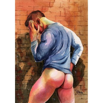 PRINT of Original Art Work Watercolor Painting Gay Male Nude "Wall's secret"