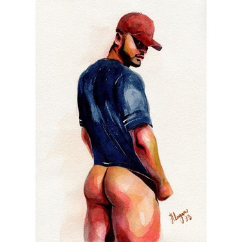 PRINT of Original Art Work Watercolor Painting Gay Male Nude "Guy with a cap"