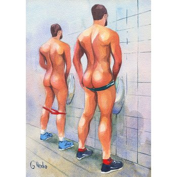 PRINT of Original Art Work Watercolor Painting Gay Male Nude "Public toilet 36"