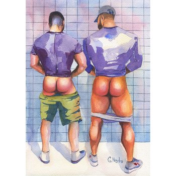 PRINT of Original Art Work Watercolor Painting Gay Male Nude "Public toilet 33"