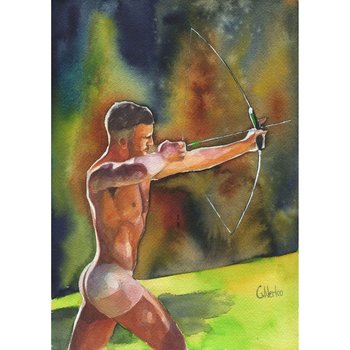 PRINT of Original Art Work Watercolor Painting Gay Male Nude "Archer 2"