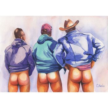 PRINT of Original Art Work Watercolor Painting Gay Male Nude "3 friends"