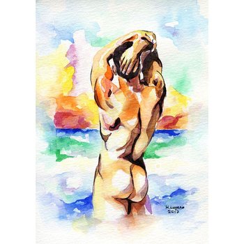 PRINT of Original Art Work Watercolor Painting Gay Male Nude "Sunset beach"