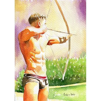PRINT of Original Art Work Watercolor Painting Gay Male Nude "Archer"