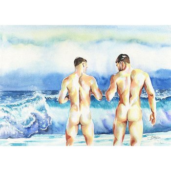 PRINT of Original Art Work Watercolor Painting Gay Male Nude "Storm"