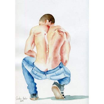 PRINT of Original Art Work Watercolor Painting Gay Male Nude "La sombra"