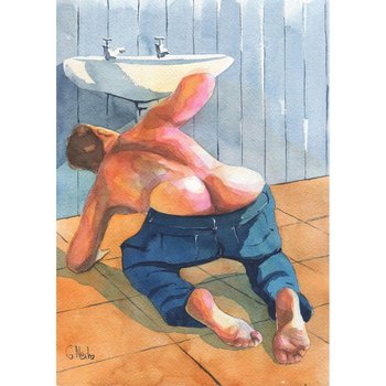 PRINT of Original Art Work Watercolor Painting Gay Male Nude "Plumber"
