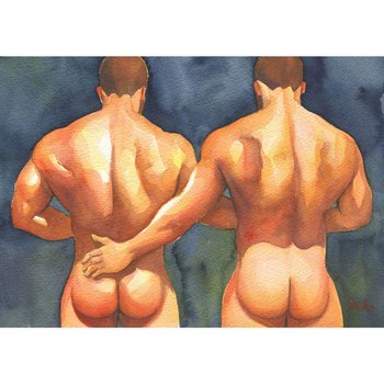 PRINT of Original Art Work Watercolor Painting Gay Male Nude "Holding On"