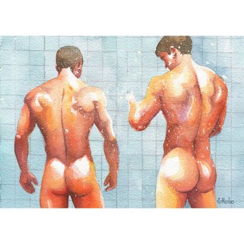 PRINT of Art Work Watercolor Painting Gay Male Nude "Shower room 4"