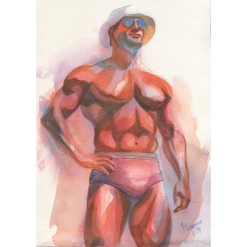 Original Hand-painted Art: Colorful Nude Male Man in Watercolors