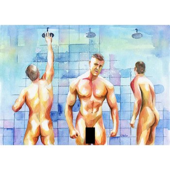 PRINT of Original Art Work Watercolor Painting Gay Male Nude "Shower 9"