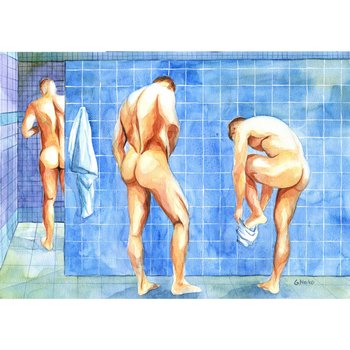 PRINT of Art Work Watercolor Painting Gay Male Nude "Shower 11"