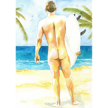PRINT of Original Art Work Watercolor Painting Gay Male Nude "Surfer 3"