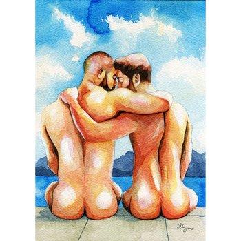 PRINT of Art Work Watercolor Painting Gay Male Nude "Lovers on the beach"