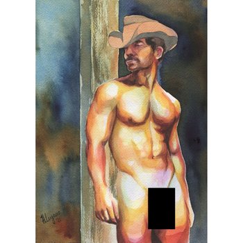 PRINT of Original Art Work Watercolor Painting Gay Male Nude "Cowboy 6"