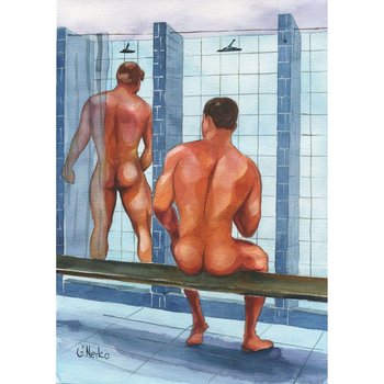 PRINT of Original Art Work Watercolor Painting Gay Male Nude "Shower 19"