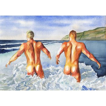 PRINT of Art Work Watercolor Painting Gay Male Nude "2 guys on the beach"