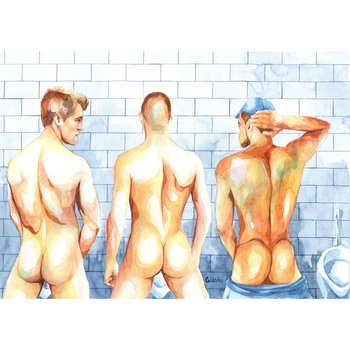PRINT of Original Art Work Watercolor Painting Gay Male Nude "Public toilet 23"