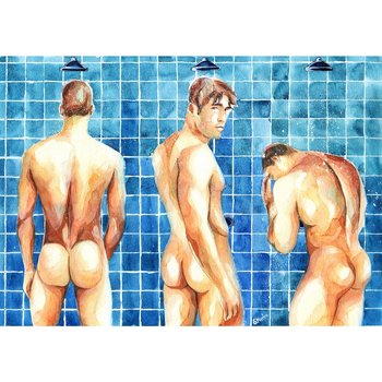 PRINT of Original Art Work Watercolor Painting Gay Male Nude "Shower 12"