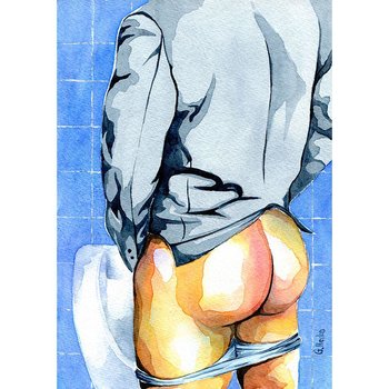 PRINT of Original Art Work Watercolor Painting Gay Male Nude "Public toilet 19"