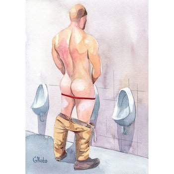 PRINT of Original Art Work Watercolor Painting Gay Male Nude "Public toilet 37"