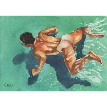 PRINT of Original Art Work Watercolor Painting Gay Male Nude "Swimmer underwater"