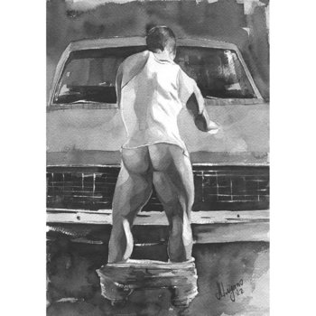 PRINT of Original Art Work Watercolor Painting Gay Male Nude "Car washer"