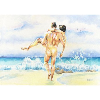 PRINT of Original Art Work Watercolor Painting Gay Male Nude "On the waves"