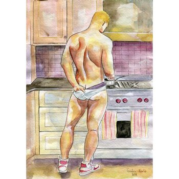 PRINT of Original Art Work Watercolor Painting Gay Male Nude "Let's cook"