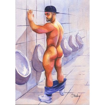 PRINT of Original Art Work Watercolor Painting Gay Male Nude "Public toilet 34"