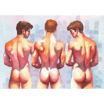 PRINT of Original Art Work Watercolor Painting Gay Male Nude "Shower Room"