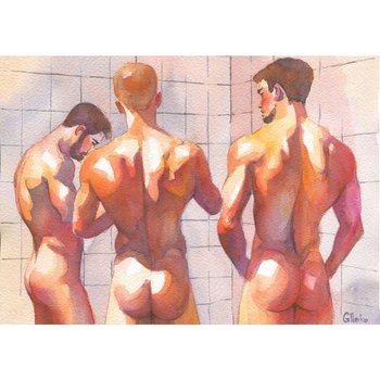 PRINT of Original Art Work Watercolor Painting Gay Male Nude "Shower Room 3"