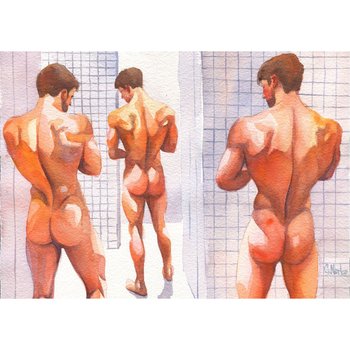 PRINT of Original Art Work Watercolor Painting Gay Male Nude "Shower Room 2"