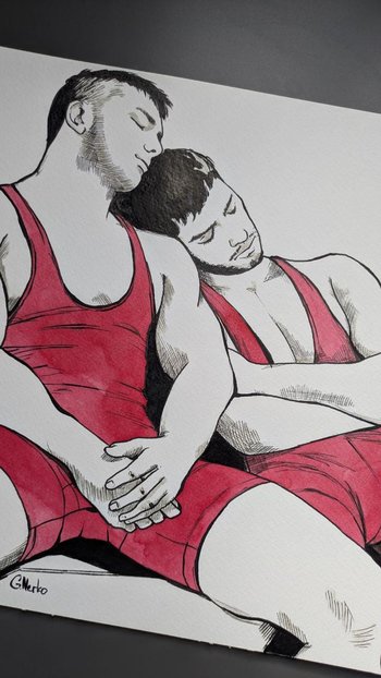 Original Hand painted Artwork Ink Drawing Erotic Male Man Gay