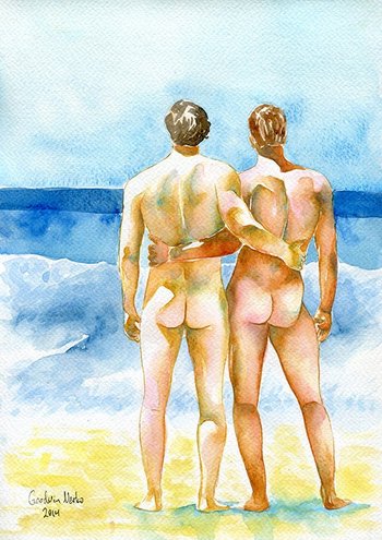 PRINT of Original Art Work Watercolor Painting Gay Interest Male Nude "We are one"