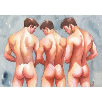 12x16" Original Hand painted Artwork Watercolor Painting Gay Man Male Nude A3