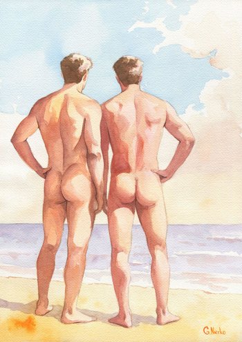 12x16" Original Hand painted Artwork Watercolor Painting Gay Man Male Nude A3